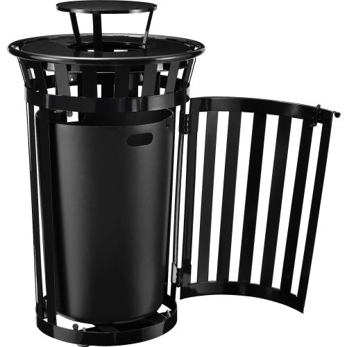 36 Gallon Slatted Steel Trash Receptacle with Rain Bonnet Lid and Side Access Door