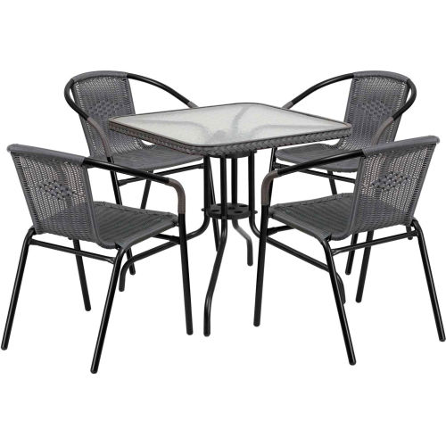 Square Glass Top Outdoor Rattan Dining Set with (4) Matching Rattan Armchairs