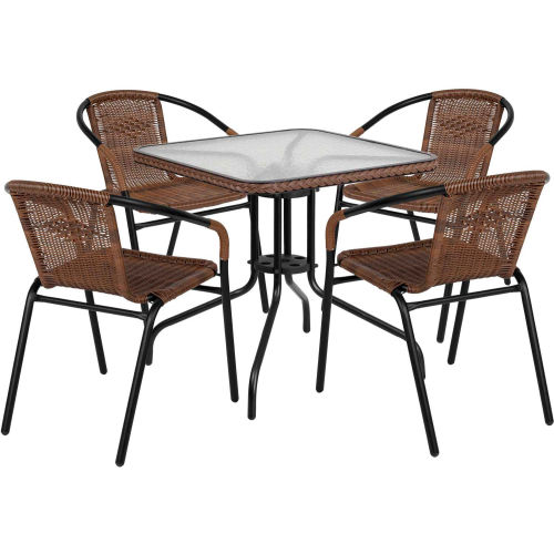 Square Glass Top Outdoor Rattan Dining Set with (4) Matching Rattan Chairs (Dark Brown)