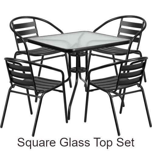 Square Glass Top Outdoor Dining Set with (4) Aluminum Slat Chairs