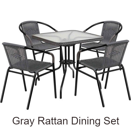 Square Glass Top Outdoor Rattan Dining Set with (4) Matching Rattan Armchairs