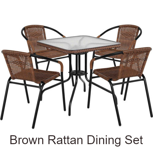 Square Glass Top Outdoor Rattan Dining Set with (4) Matching Rattan Chairs (Dark Brown)