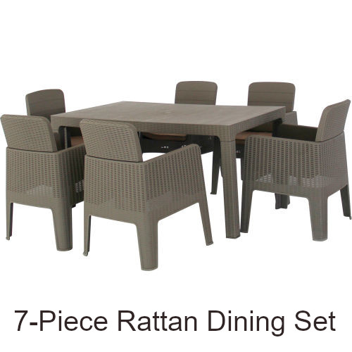 7 Piece Faux Rattan Dining Set with (6) Cushion Arm Chairs