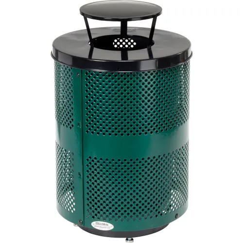 Global Industrial 36 Gallon Perforated Steel Trash Receptacle with Rain Bonnet Lid