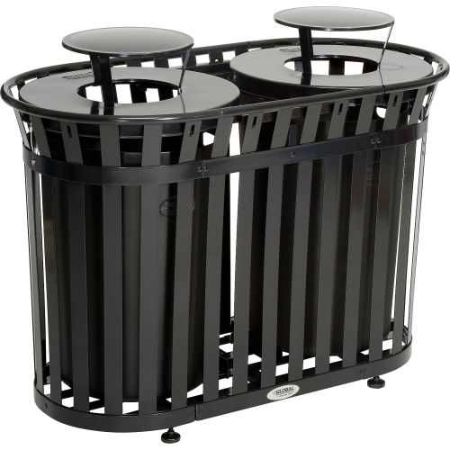 Global Industrial 72 Gallon Dual Slatted Steel Trash Receptacle with Rain Bonnet Lids