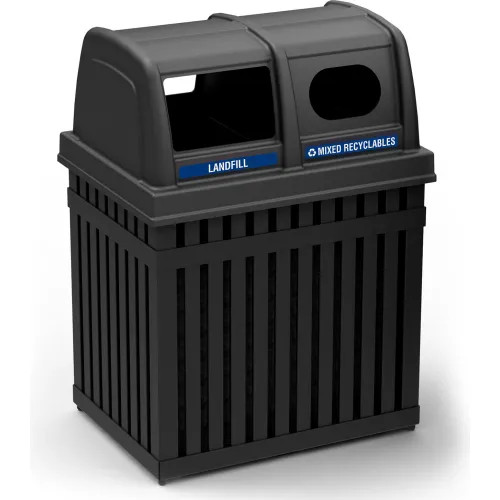 Parkview Collection 50 Gallon Slatted Steel Dual Trash Recycling Receptacle with Dome Top Lid