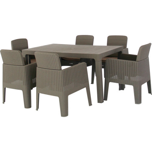 7 Piece Faux Rattan Dining Set with (6) Cushion Arm Chairs