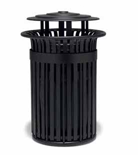 UrbanScape Style J Steel Slat Trash Receptacle with Bonnet Top
