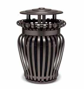UrbanScape Style K Steel Slat Trash Receptacle with Bonnet Top